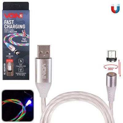 Кабель магнітний Multicolor LED VOIN USB - Micro USB 3А, 2m, (швидка зарядка / передача даних) (VC-1 VC-1602M RB фото