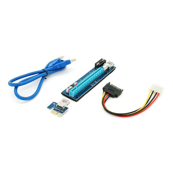 Riser PCI-EX, x1 => x16, 4-pin MOLEX, SATA => 4Pin, USB 3.0 AM-AM 0,6 м (синій), конденсатори PS 100 16V, Пакет VER 1.0 фото