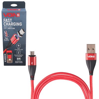 Кабель магнітний VOIN USB - Micro USB 3А, 1m, red (швидка зарядка / передача даних) (VC-6101M RD) VC-6101M RD фото