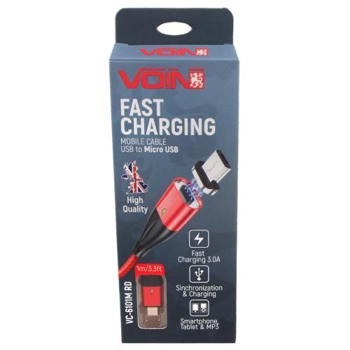 Кабель магнитный VOIN USB - Micro USB 3А, 1m, red (быстрая зарядка/передача данных) (VC-6101M RD) VC-6101M RD фото товара