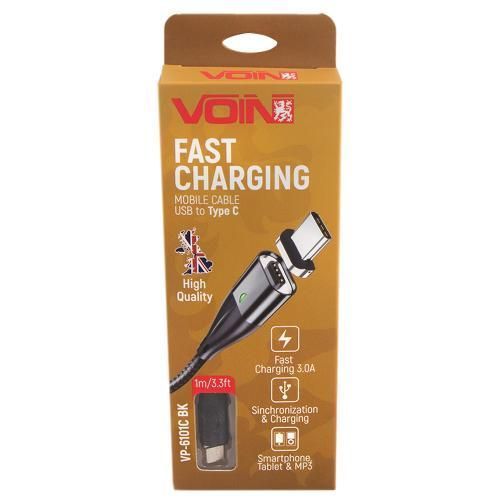 Кабель магнитный VOIN USB - Type C 3А, 1m, black (быстрая зарядка/передача данных) (VP-6101C BK) VP-6101C BK фото товара