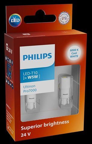 Комплект світлодіодних автоламп W5W LED 24V 1W 6000K W2,1X9,5D / LED-WHITE ULTINON PRO7000 / ХОЛОДНЕ БІЛЕ СВІТЛО / 2ШТ. BLISTER 24961CU70X2 фото товару