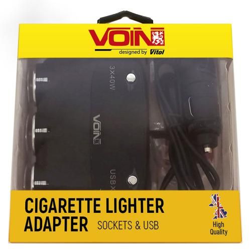 Розгалужувач (подовжувач) прикурювача VOIN 3 виходи + 2USB 2400 mA 12/24V SC-3003 дріт+вольтметр (SC SC-3003 фото