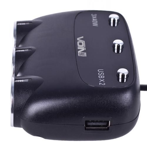 Розгалужувач (подовжувач) прикурювача VOIN 3 виходи + 2USB 2400 mA 12/24V SC-3003 дріт+вольтметр (SC SC-3003 фото