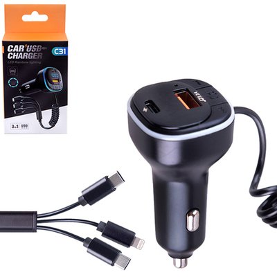 Модулятор FM 5в1 C31 12-24v USB 5V-3.1A Type C 5V-3.1A 3in1 charging cable BT5.0 RGB-ambient light ( C31 фото