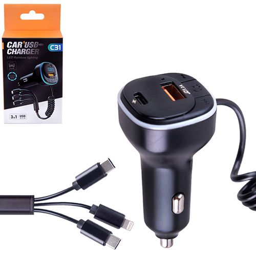 Модулятор FM 5в1 С31 12-24v USB 5V-3.1A Type C 5V-3.1A 3in1 charging cable BT5.0 RGB-ambient light ( C31 фото