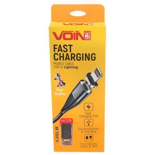 Кабель магнітний VOIN USB - Lightning 3А, 1m, black (швидка зарядка / передача даних) (VL-6101L BK) VL-6101L BK фото товару