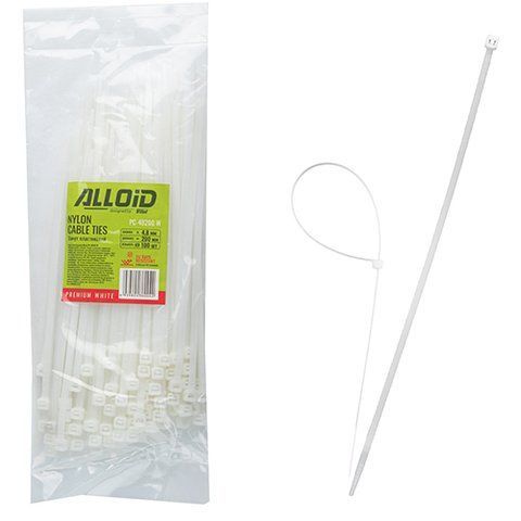 Хомут пластиковий Alloid 4.8 х 200 100 шт./уп. білий (PC-48200 W) PC-48200 W фото товару
