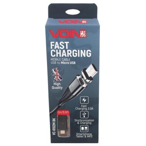 Кабель магнитный VOIN USB - Micro USB 3А, 2m, black (быстрая зарядка/передача данных) (VC-6102M BK) VC-6102M BK фото товара