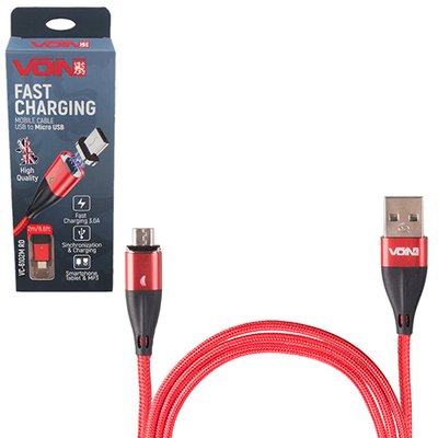 Кабель магнітний VOIN USB - Micro USB 3А, 2m, red (швидка зарядка / передача даних) (VC-6102M RD) VC-6102M RD фото