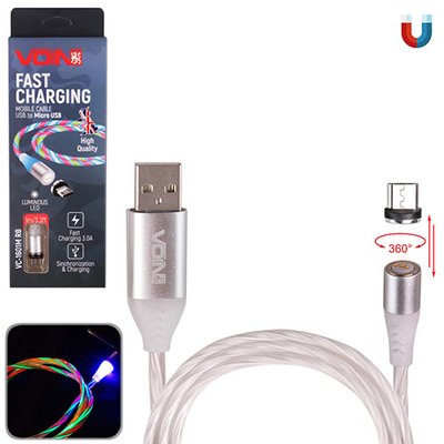 Кабель магнитный VOIN Multicolor LED USB - Micro USB 3А, 1m, black (быстрая зарядка/передача данных) VC-1601M RB фото