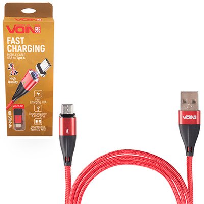 Кабель магнітний VOIN USB - Type C 3А, 2m, red (швидка зарядка / передача даних) (VP-6102C RD) VP-6102C RD фото