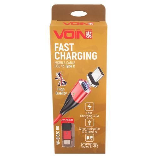 Кабель магнитный VOIN USB - Type C 3А, 2m, red (быстрая зарядка/передача данных) (VP-6102C RD) VP-6102C RD фото товара