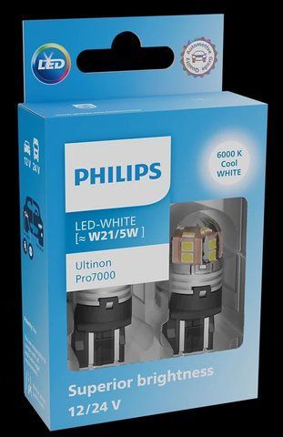 Комплект світлодіодних автоламп W21/5W LED 12/24V 2.6-0.9/3.3-1.5W 6000K W3X16D / LED-WHITE ULTINON PRO7000 / ХОЛОДНЕ БІЛЕ СВІТЛО / 2ШТ. BLISTER 11066CU70X2 фото товара