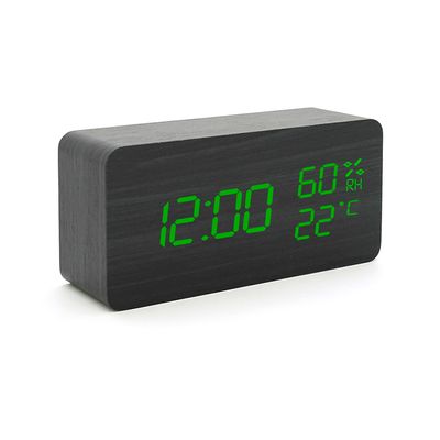 Електронний годинник VST-862S Wooden (Black), з датчиком температури та вологості, будильник, живлення від кабелю USB, Green Light VST-862SB/G фото