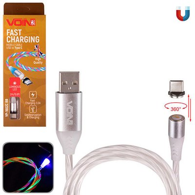 Кабель магнитный Multicolor LED VOIN USB - Type C 3А, 2m, (быстрая зарядка/передача данных) (VP-160 VP-1602C RB фото